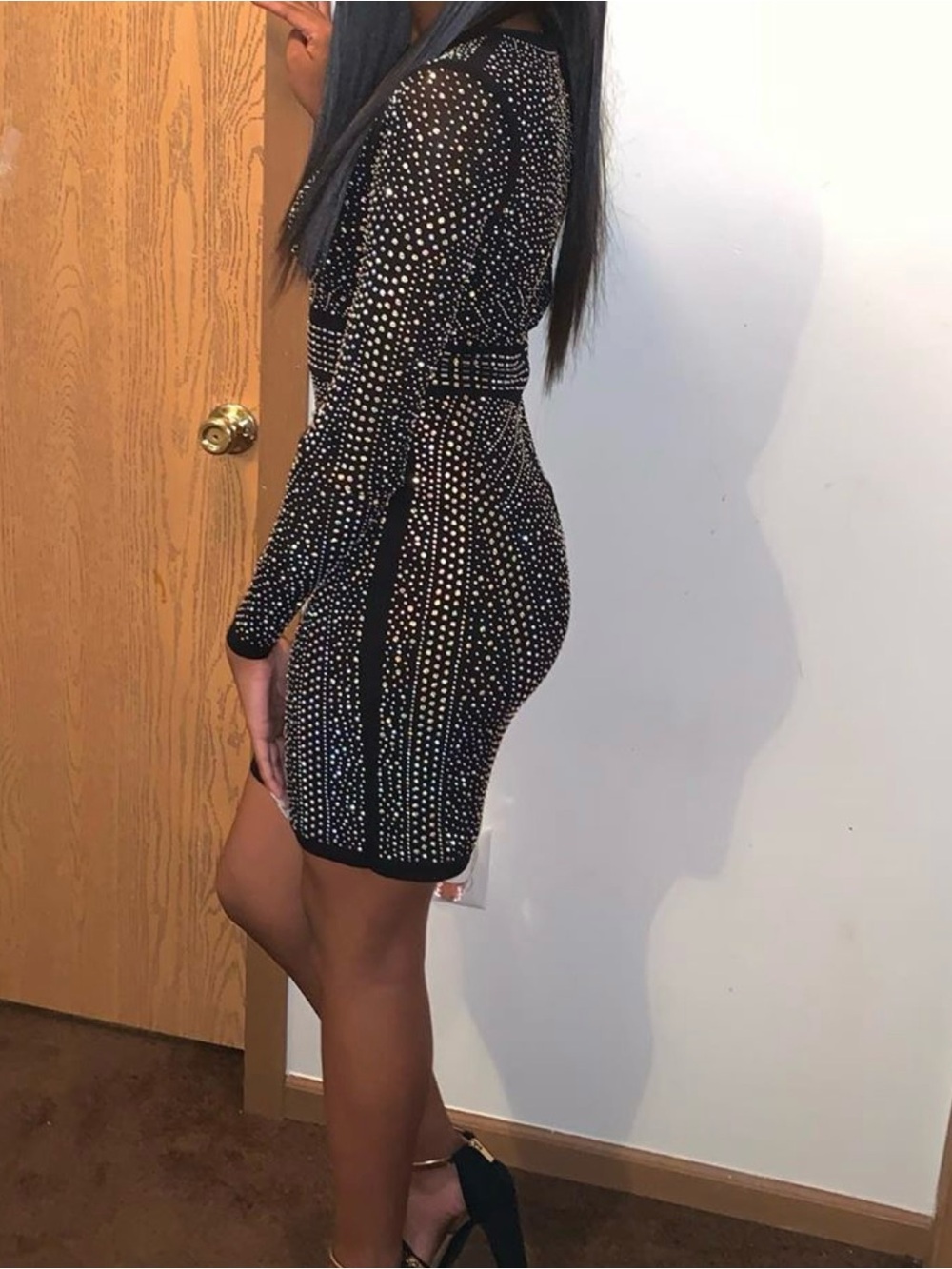 Windsor Black Long Sleeve Rhinestone Bodycon Dress